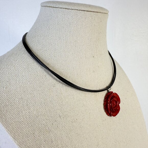 Carved Rose Necklace Leather Cord Srerling Silver Clasp Floral Minimal Dainty - Picture 3 of 8